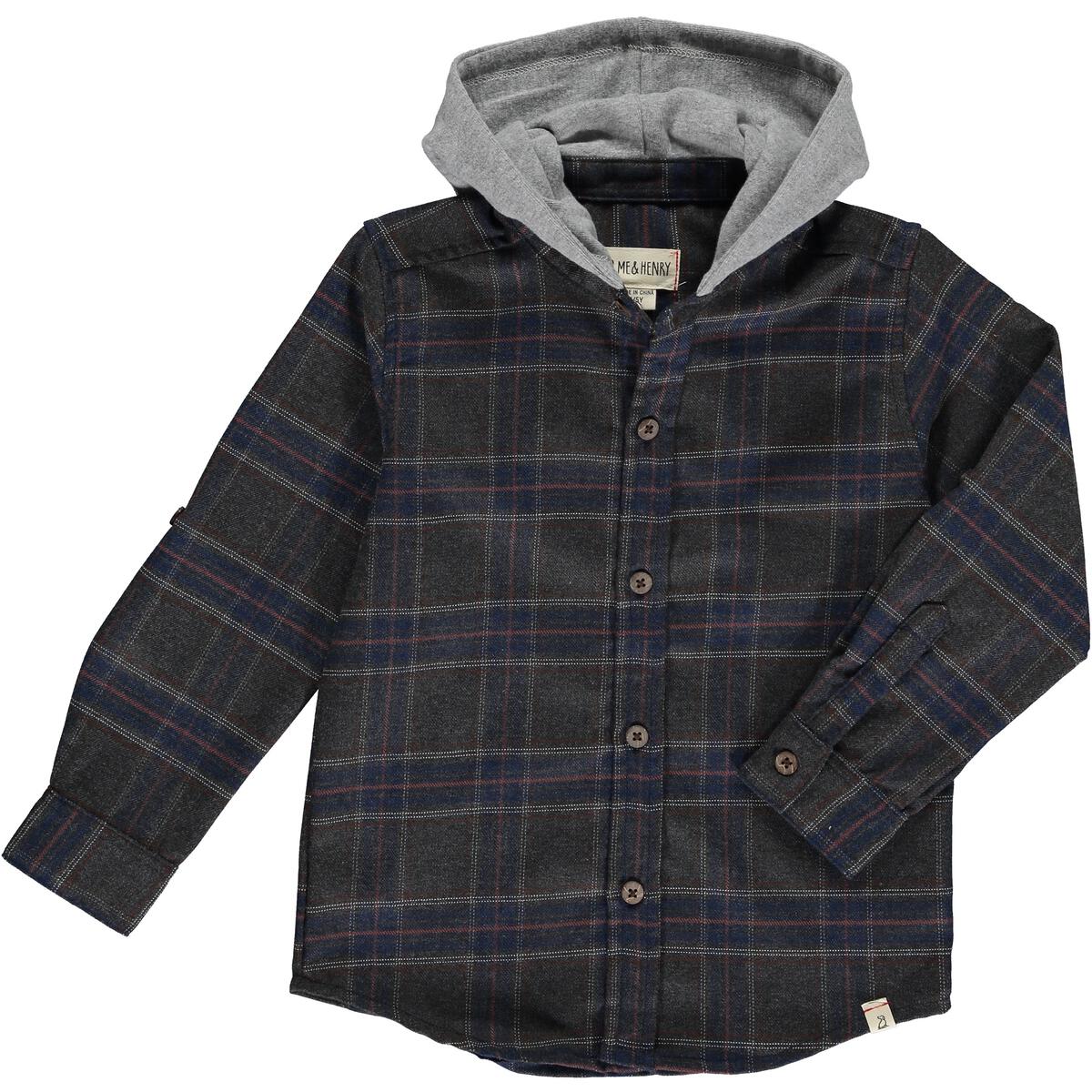 Hooded Plaid Shacket - Charcoal/Blue