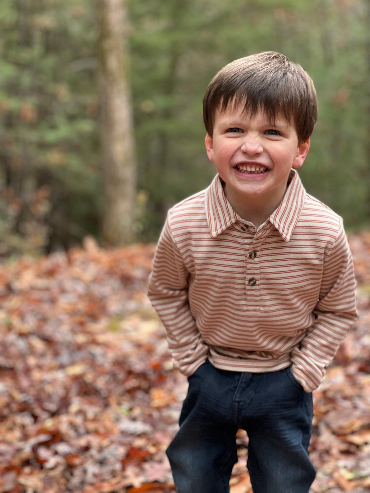 Double Stripe Long Sleeve Polo - Pumpkin