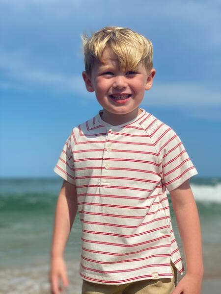 Red/White Striped Short Sleeved Henley Tee