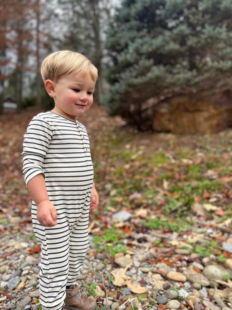 Ribbed Romper - Cream/Charcoal Stripe