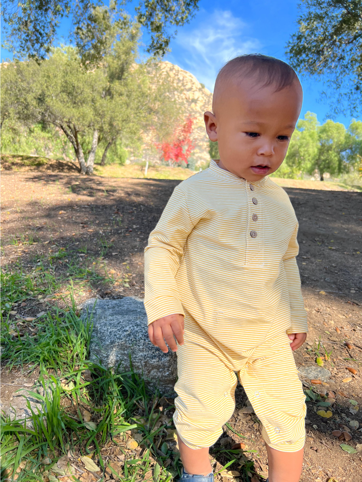 Henley Romper - Gold/White Stripe