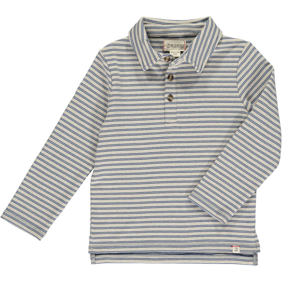 Double Stripe Long Sleeve Polo - Blue