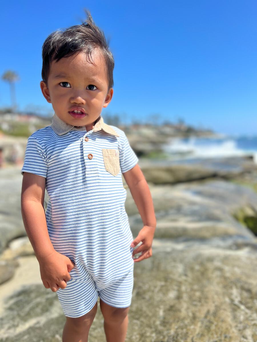SALTASH Romper, Pale Blue/Grey Stripe