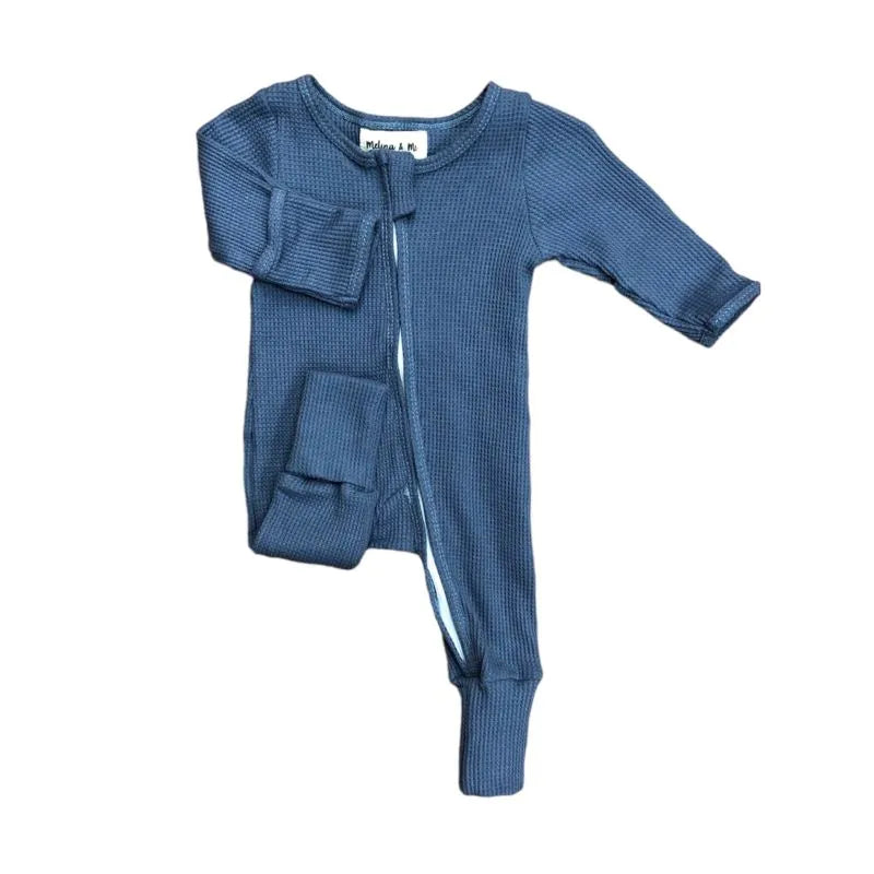 Waffle Knit Zip-Up Romper, Blue
