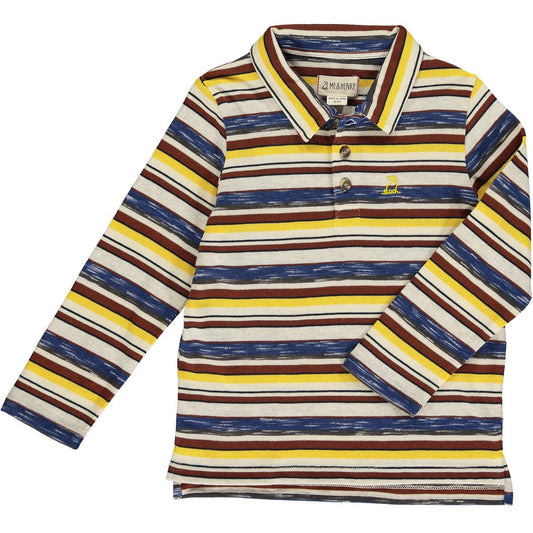Pique Long Sleeve Polo - Gold/Brown/Blue Stripe