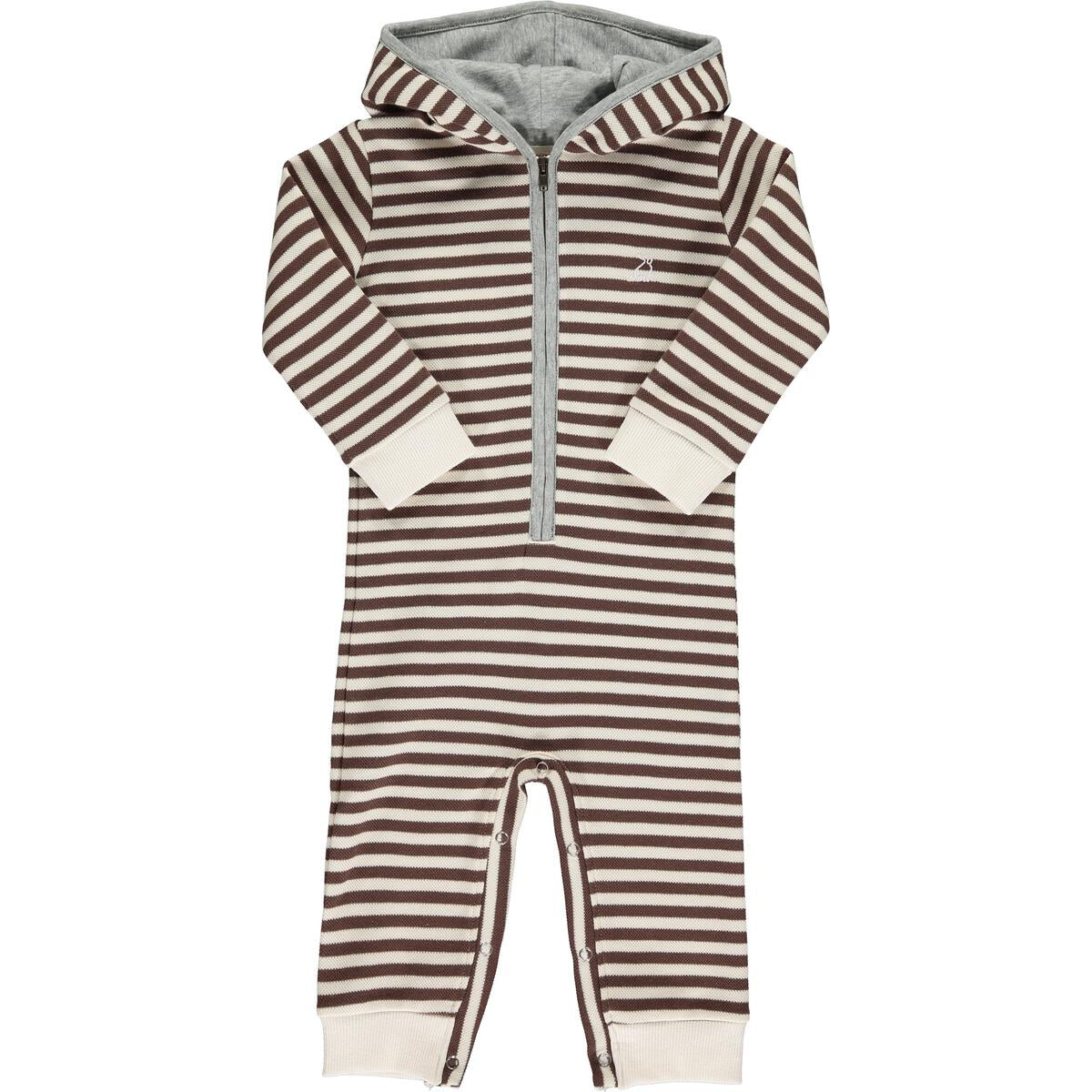 Hooded Pique Romper - Brown/Cream Stripe