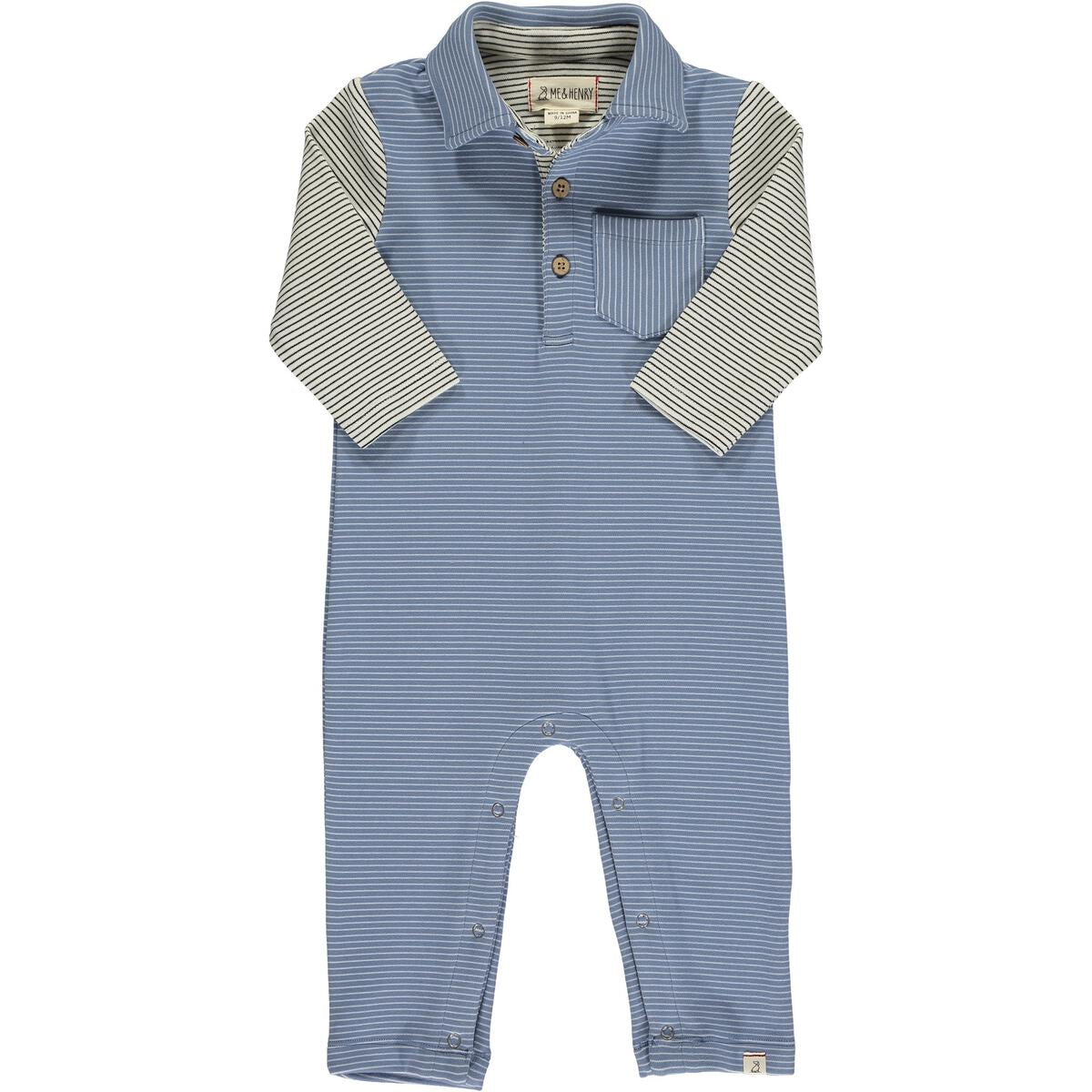 Polo Romper - Blue/Cream