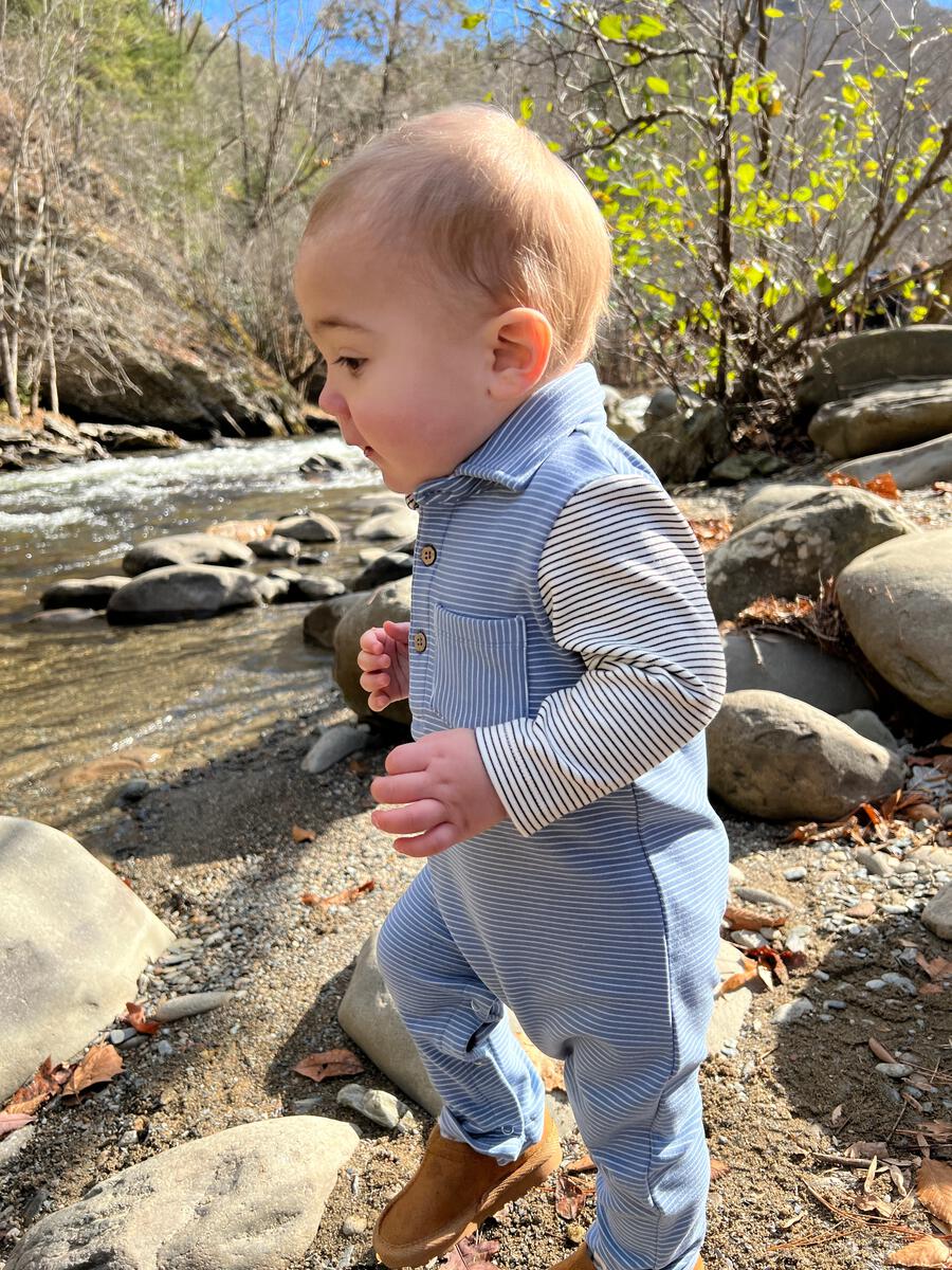 Polo Romper - Blue/Cream